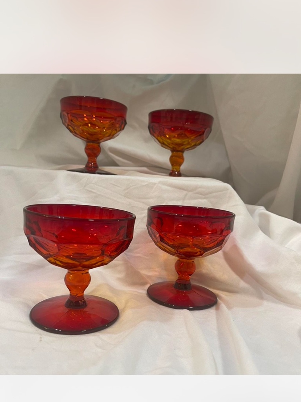 Four Georgian Ruby Red Viking Honeycomb Glass Sherbert Glasses